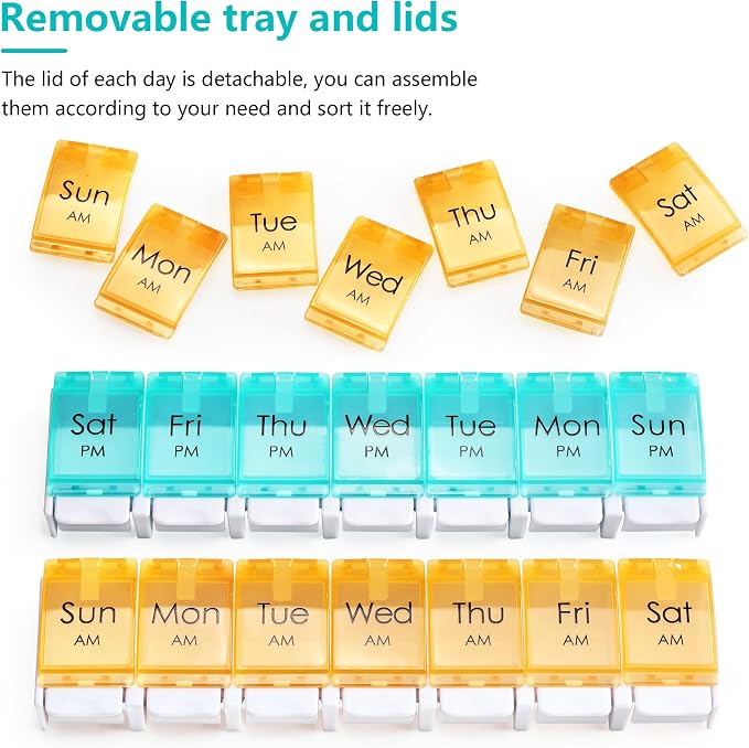 MOLN HYMY Weekly Pill Organizer, AM PM 2 Times a Day, 14 Compartments, Push Button Design, for Medication, Vitamins, Supplements