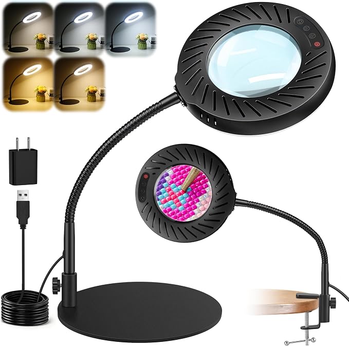 Akynite 12X Magnifying Glass with Light and Stand,5 Color 9 Levels Dimmable | Hands Free, Flexible Gooseneck, USB, with Adapter, Dual Base, 144 LED, Real Glass Magnifier Desk Lamp for Craft Close Work