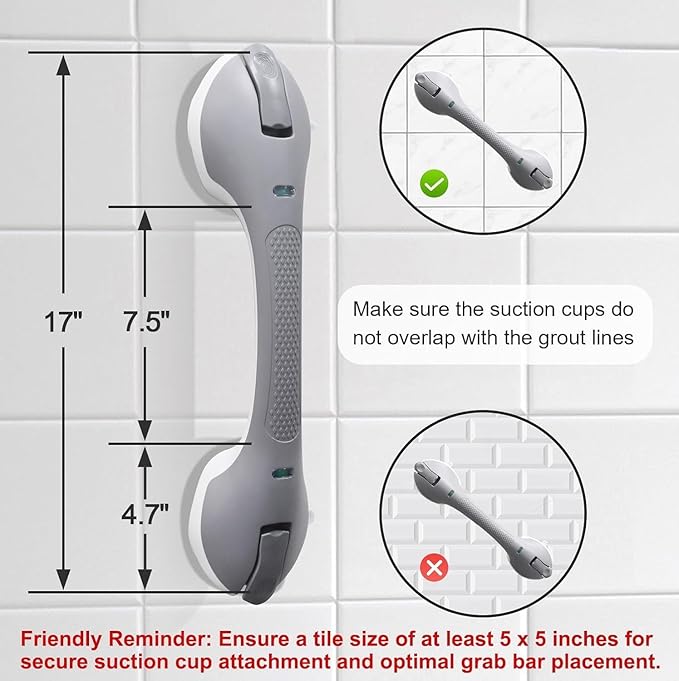 2Pack Suction Grab Bar for Shower Bathtub: Upgraded Heavy Duty Non-Slip Grip Handle with Strong Suction Cup for Bathroom Wall, Max Load 269LBS Safety Bar for Elderly Senior (2, Gray)