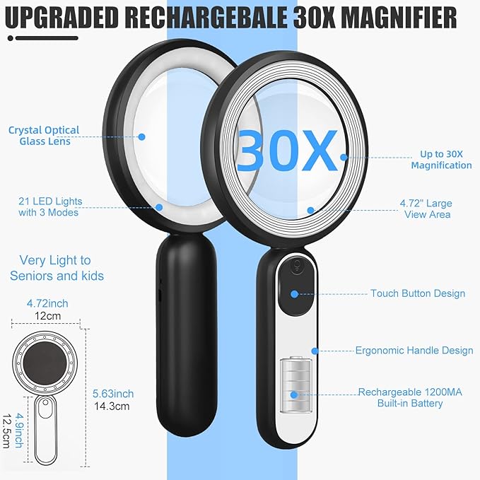 Rechargeable Magnifying Glass with Light, 30X 4.7IN Handheld Large Lightweight Lighted Magnify Len 21 LED 3 Modes Illuminated Book Magnifier forSenior,Reading,Inspection,Coin,JewelryChristmasGift