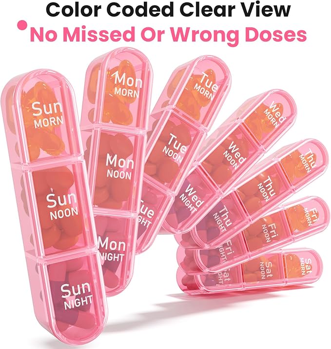 Pill Organizer 3X a Day, Medicine Pill Organizer 7 Day, Weekly Pill Case with 21 Compartments for Medicine, Vitamin and Supplement - Full Pink