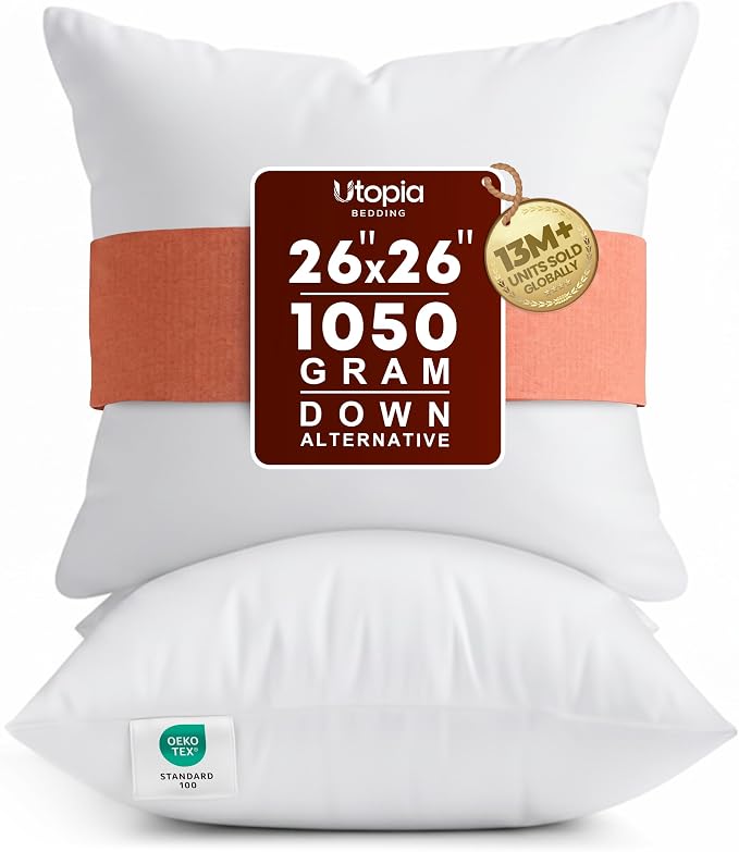 Utopia Bedding 26x26 Pillow Inserts, White Throw Pillows for Couch, 2 Pack | Indoor cushion inserts for bed, sofa & couch, Supportive & fluffy decorative pillows for everyday comfort, Set of 2, White