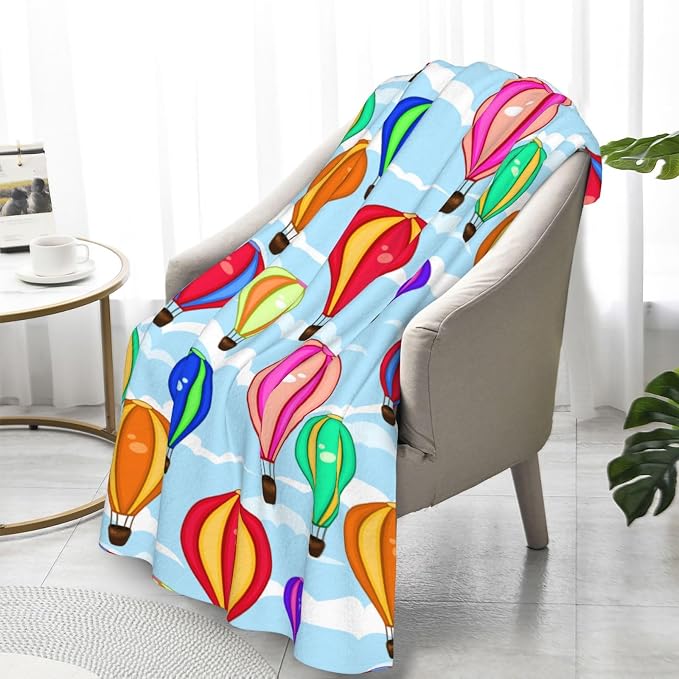 Cartoon Hot Air Balloon Kids Blanket 40x50 Inches - Plush Flannel Throw Blankets for Boys & Girls - Playful Cloud & Balloon Print - Lightweight Travel Blanket for Car Bed & Sofa