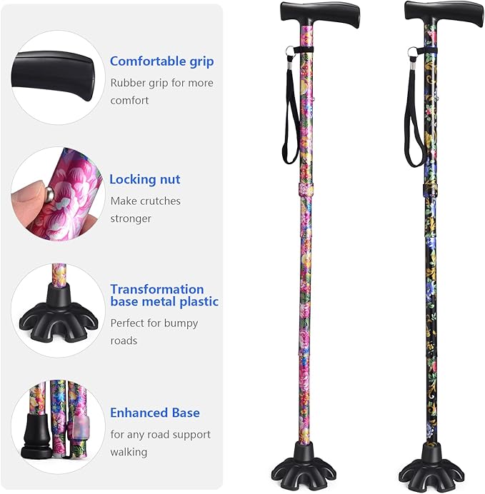 Floral Canes for Women Folding Cane for Stability with Non-Slip Base, Adjustable Walking Cane for Seniors - Lightweight Collapsible Walking Sticks with T & Offset Handle