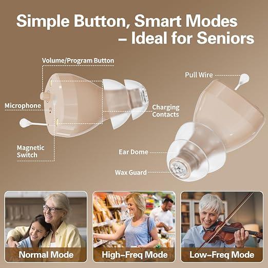 Hearing Amplifiers for Seniors Rechargeable, Hearing Amplifier for Adults with Whistle Noise Cancellation, Virtually Invisible Compact Design, 16-Channel Clear Sound Quality (Beige)