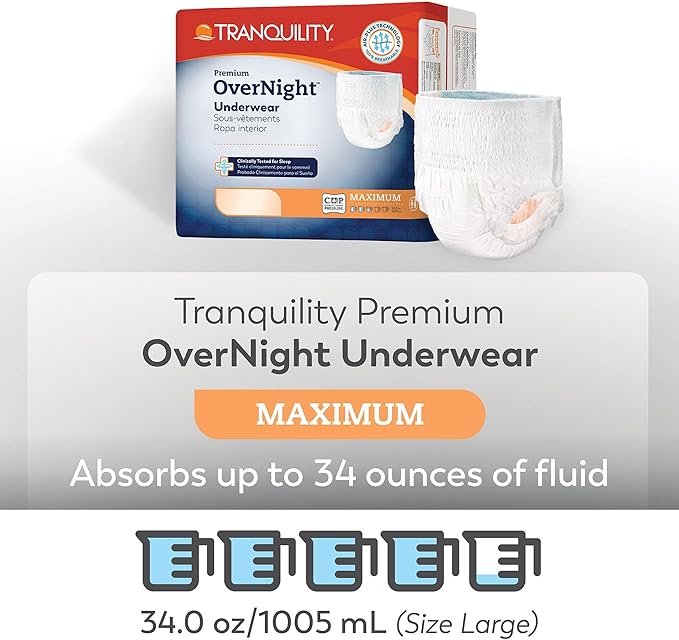 Tranquility Premium Overnight Disposable Absorbent Underwear (18 Count) - M, 34-48 in. Waist - Maximum Absorbency, All-Night Sleep, Breathable Comfort, Adult Diapers