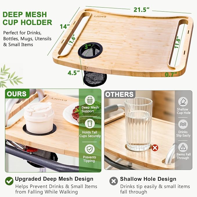 Walker Tray Table with Side Pockets & Cup Holder for Folding Walkers, Foldable Bamboo Walker Tray for Seniors, Stable Walker Accessories with Raised Edges for Meals, Drinks, Reading &Daily Living