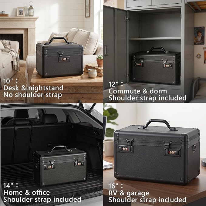 Extra Large Lock Box with Combination Lock – Portable Lockable Storage Box for Medicine, Cash & Personal Items, Childproof Security Case for Home Dorm Office, 15.1x9.4x8.7 Inch, Black