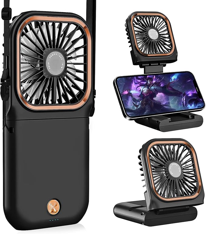 Portable Handheld Fan with Phone Holder, 3000mAh Power Supply USB Rechargeable Neck Fan, Foldable Small Fan 0-180° Adjustable, Ultra Quiet Personal Cooling Fan for Travel Office Home