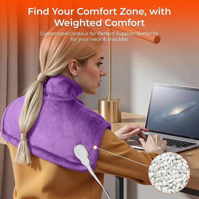 VAAGHANM Heating Pad: Electric Heat Pad for Pain Relief-Weighted Instant Heating Pads for Neck and Shoulders-6 Heat Options & 6 Auto Timer Mode-Gifts for Mom Women -Purple