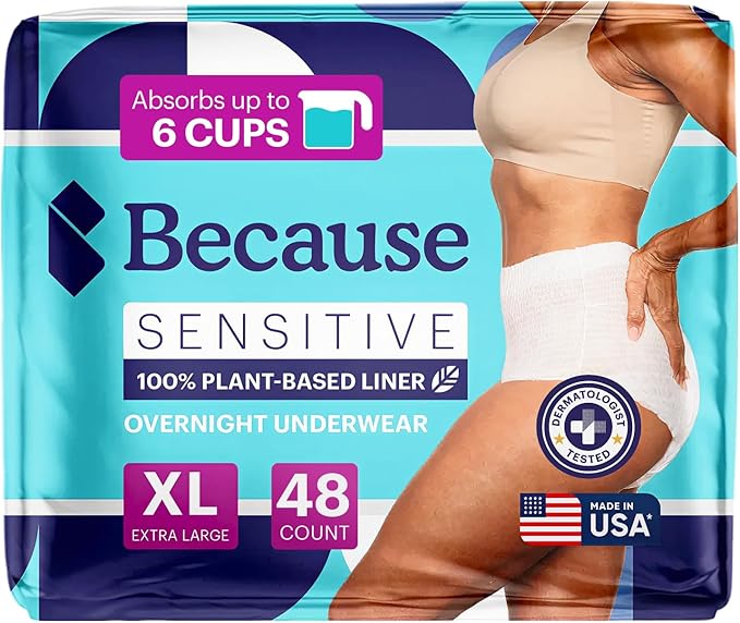 Because Adult Incontinence Underwear for Sensitive Skin - Women - Premium Overnight Disposable Briefs, Anti Odor - White, X-Large - Absorbs 6 Cups - 48 Count (4 Packs of 12)