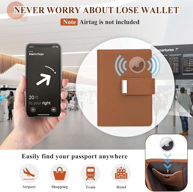 BKNOOU Passport Wallet with Airtag Slot- Leather Travel Passport Holder for Women & Men, Slim RFID Blocking Travel Passport Holder Holds Cards & Tickets & Cash (Brown)