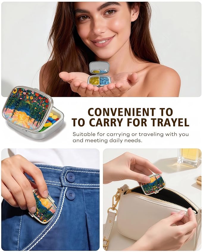LRITER Pill Case, 2 Compartment Portable Small Travel Pill Organizer for Purse and Pocket, Stylish Medicine Case with Multiple Patterns, Daily Pillbox for Home & Travel (Sunset Forest)