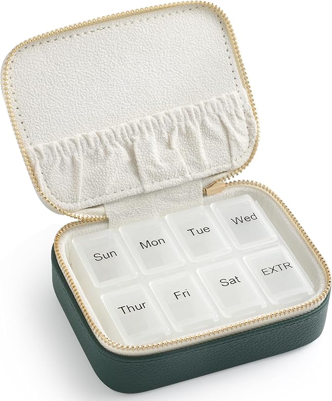 Genuine Leather Travel Pill Organizer Box Case 1 Times a Day for Purse for Women, Cute Medicine Pill Holder Containers for Vitamin Small Weekly Daily 7 Day Am Pm Pill Organizer(Green)