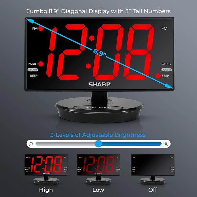 Sharp AccuSet Digital Alarm Clock, 8.9" Tilt/Swivel, FM Radio, Dual USB | 3-inch easy-read digits, 10 station presets, 3-level dimmer, 2 wake times, 9-minute snooze, CR2032 backup, mirror finish