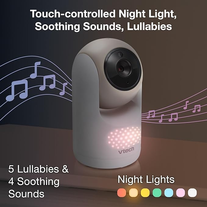 VTech 2-Cameras Video Baby Monitor with 7" Color LCD Screen, Rechargeable Battery, Video and Audio Streaming, Pan-Tilt-Zoom, Touch Multi-Color Night Light, Two-Way Talk: Advanced Max Twin (Tan)