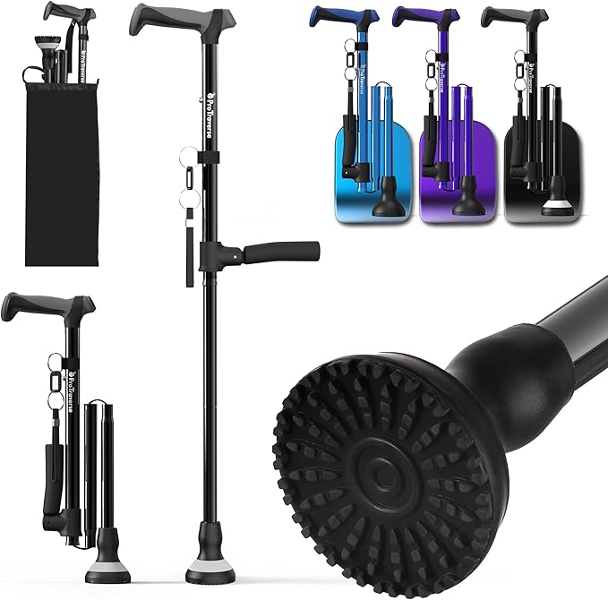 Walking Cane for Men & Women,Foldable,Adjustable,Self Standing Cane with Second Handle,350lbs Heavy Duty,All Terrain,Collapsible Walking Sticks for Seniors & Adults,Black