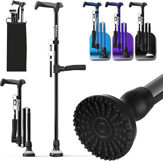 Walking Cane for Men & Women,Foldable,Adjustable,Self Standing Cane with Second Handle,350lbs Heavy Duty,All Terrain,Collapsible Walking Sticks for Seniors & Adults,Black
