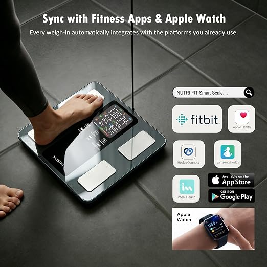 NUTRI FIT Smart Scale for Body Weight 8-Electrode Digital Bathroom Scale for Fat BMI Muscle Mass Full Body Composition Analyzer 50+ Measurements Bluetooth Highly Accurate with VA Display, Dark Blue