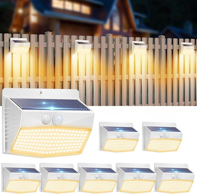 8 Pack Solar Motion Sensor Lights Outdoor Waterproof with 3 Modes | Warm White, Brown Frame, LED, Solar Powered, Security Lighting for Outside Wall Garden Fence Yard Deck Patio Garage