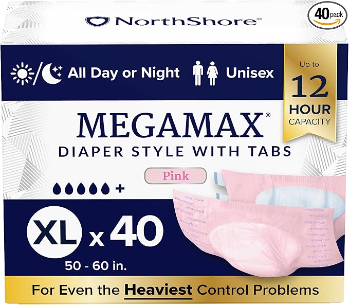 NorthShore MegaMax 12-Hour HBL Adult Diapers for Heavy Bladder Leaks, X-Large, 40 Count, Pink, 50-60 inches, Tab-Style Incontinence Underwear for Men, Women & Teens
