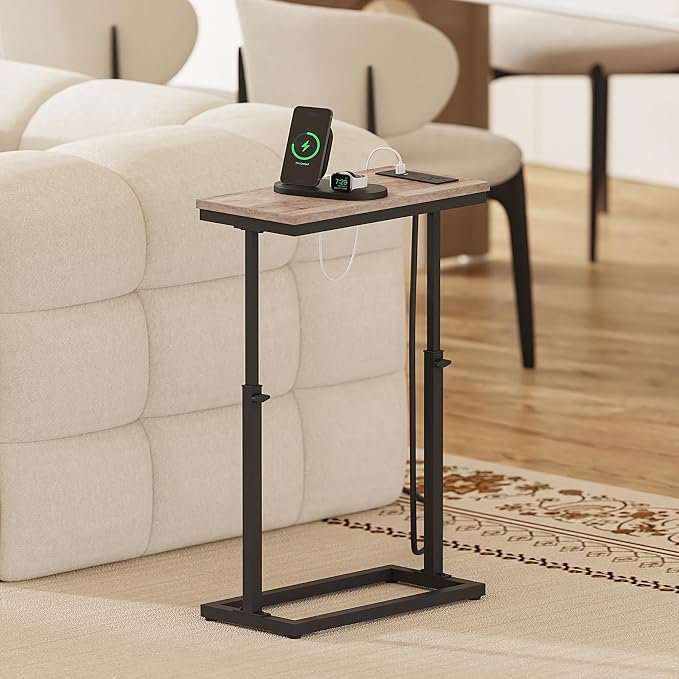 TUTOTAK End Table with Charging Station, Side Table, Tall Couch Table | Sofa Table, for living Room, Bedroom, Greige TB01BG084
