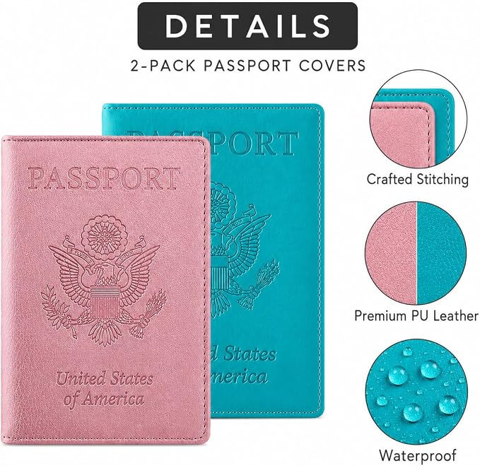 Ciana Passport Holder for Travel – PU Leather Passport Cover and Card Holder for Men & Women – Slim Passport Holder with Card Protector Slot, Travel Must Haves (Turquoise and Rose Gold)
