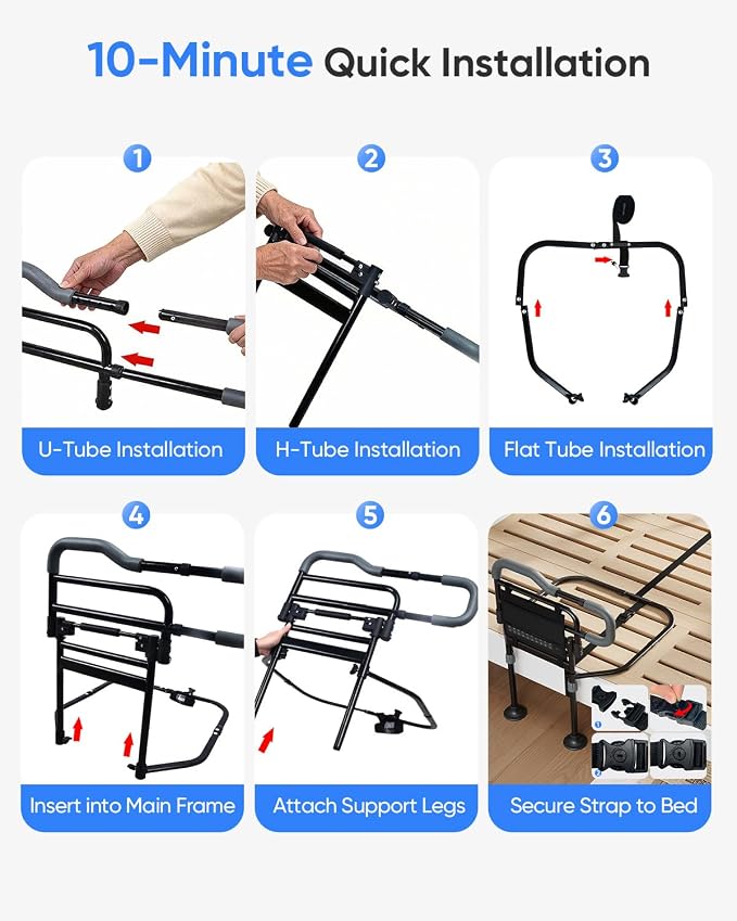 Bed Rails for Elderly Adults Safety, Foldable Bed Rail with Non-Slip Handle | Adjustable Height & Width, 350LBS Load, Large Suction Feet, Motion Sensor Light & Storage Bag, Fits 7"-13" Mattress