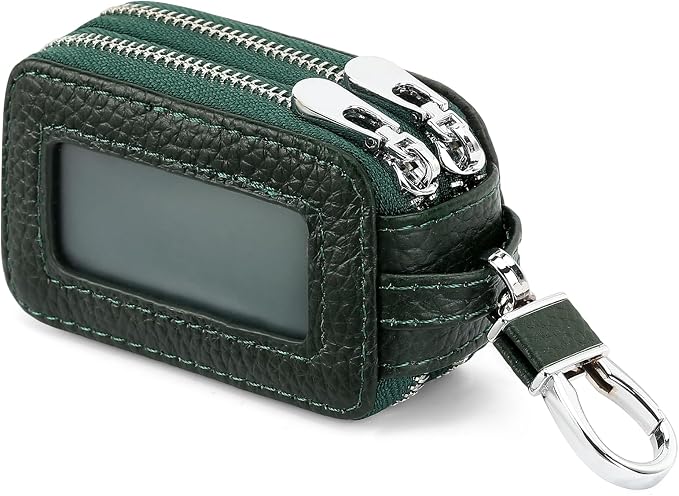 SENDEFN Car Key Fob Case Double Zipper Leather Smart Remote Keychain Protector Holder with Transparent Window