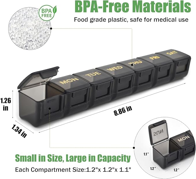 2 Pack Weekly Pill Organizer, Large 7 Day Pill Case, Daily Vitamin Case Medicine Box, AM/PM Pill Containers for Medicine Supplements Fish Oil (Black & Black)