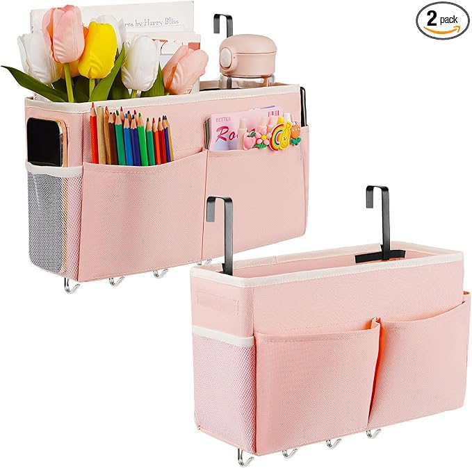 Bedside Caddy Organizer 5 Pockets 4 Hooks Bunk Bed 2Pack Pink | Hanging Storage Bag for Headboards