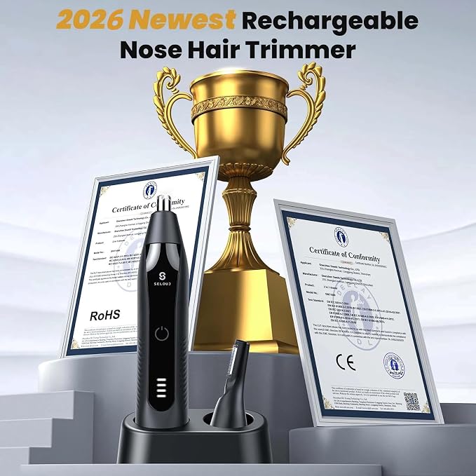 Ear and Nose Hair Trimmer for Men, 2026 Professional Painless USB Rechargeable Eyebrow & Facial Electric Hair Trimmer for Men Women, Powerful Motor, Dual Edge Blades, IPX7 Waterproof, Cool Gray