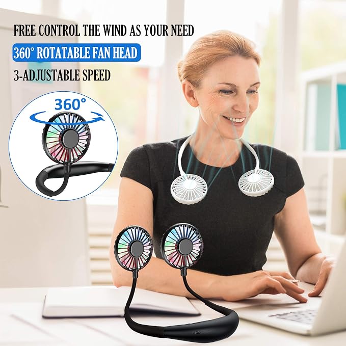 YALTOON Neck Fan - 2600mAh Battery Operated Hands Free Fan, Portable Hang Around Neck Fans for Fishing, Camping, Hiking, Working, USB Powered, Over 12 Hours Cooling