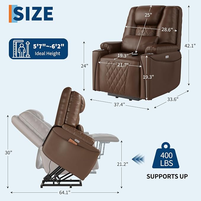 Garvee Power Lift Recliner Chair Sofa, PU Leather Reclining with Cup Holder | with Charging Ports, Cup Holders, Electric Stand Assist for Elderly Home Theater Seating with Remote for Living Room