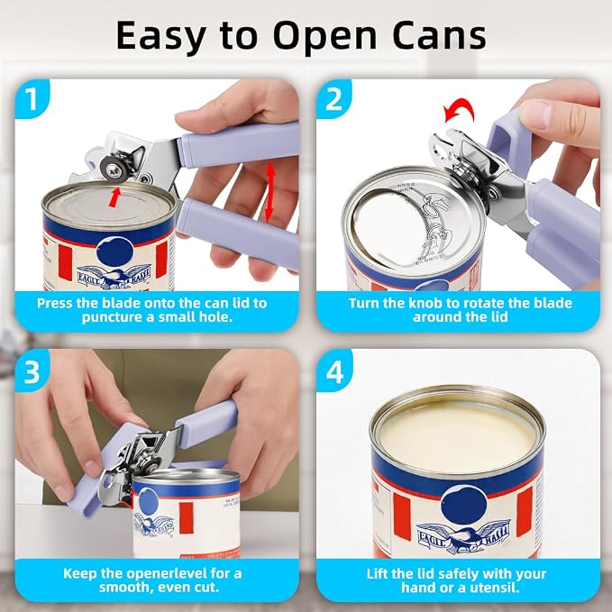 Can Opener Manual, Reinforced Blade, Effortless Knob, Non-Stick (Grape) | Reinforced blade, effortless knob, built-in bottle opener, non-stick hard rubber handle, smooth-edge safety cutter