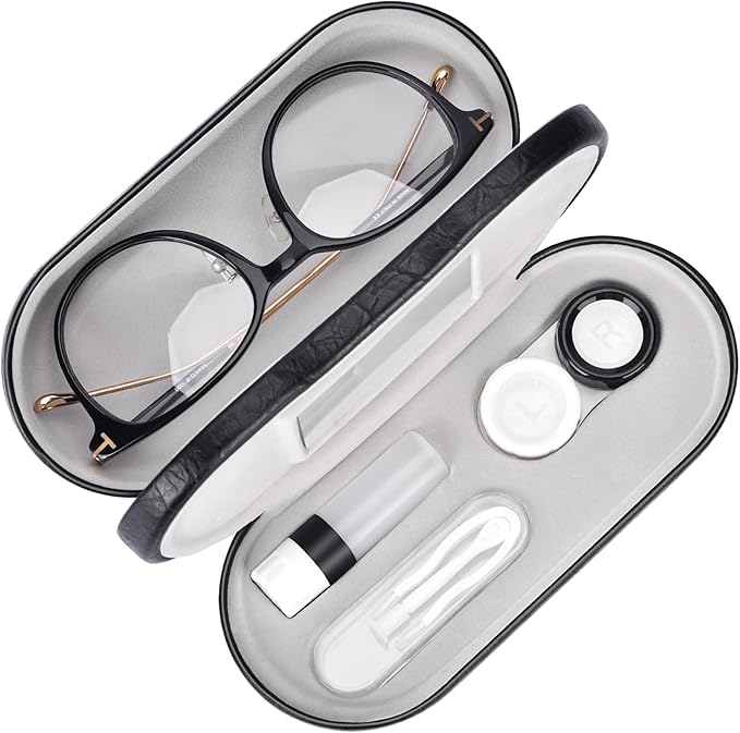 Muf 2 in 1 Contact Lens Case and Glasses Case, Double Sided Design with Mirror, Portable Travel Kit with Tweezer, Remover and Solution Bottle, Black 02