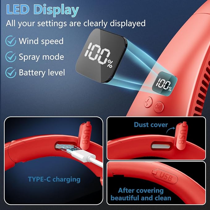 Neck Fans for Women Rechargeable-Foldaway Personal Fan with Water Mist,Wearable Hanging Fan Around Neck,Small USB Rechargeable Neck Cooler for Mother's Day Father's Day Adults Kids Birthday Gifts Red