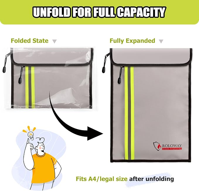 ROLOWAY Fireproof Document Bag (15 x 11 inch) with 2 Pockets, Fire Safe Envelope Bag for Cash, Legal Documents (Silver)