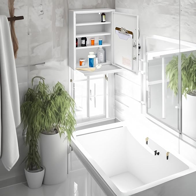 AdirMed White Locking Medication Cabinet with Document Pocket, Metal Wall Mounted Medication Cabinet with Dual Lock and Dual Keys, 21" H x 16" W x 6" D