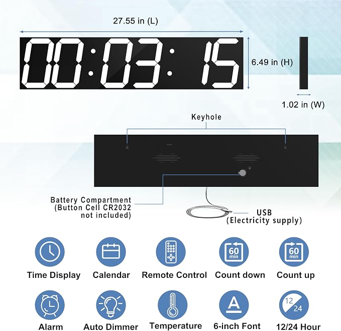 CHKOSDA Digital Wall Clock, Oversize Led Digital Clock with Auto Dimmer, Huge Countdown Timer with Remote Control, 27" Wide Led Display, 6 Digits, Wall Mount, Date and Temperature (White)