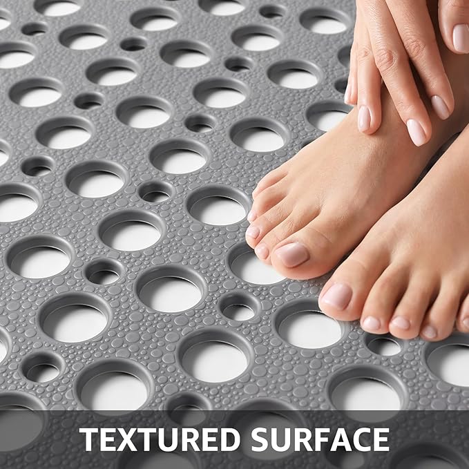Yolife Large Shower Mat, 47 x 32 inch Non Slip Shower Mats for Inside Shower with Drain Hole, No Odor Soft TPE Shower Floor Mat, Extra Large Non Slip Shower Mat with Suction Cups, Grey