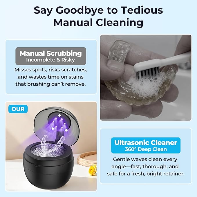 Ultrasonic Retainer Cleaner Machine, Denture Cleaner for Mouth Guard, Night Guard, Aligner, Dentures,Braces, Jewelry, 45kHz 250ML UV Ultrasonic Denture cleaner Ultra Sonic Cleaning for Retainers Black