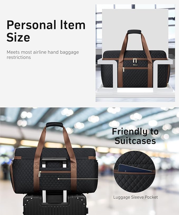 Weekender Bags for Women, Wide Open Large Travel Duffle Bag with Shoe Compartment, Overnight Carry on Bag Personal Item Travel Bag with Wet Pocket (Black Brown)