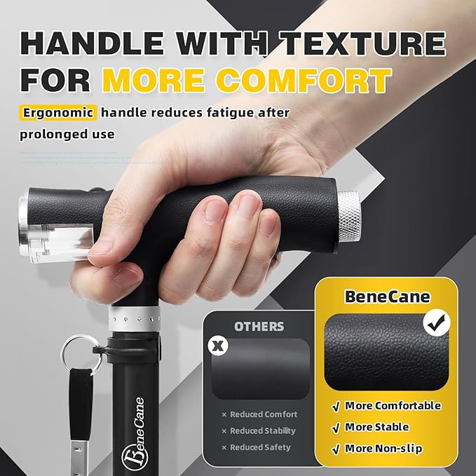 BeneCane Walking Cane for Women Folding Cane for Men with Two Led Lights Quad Cane with Stable Base Lightweight and Adjustable Walking Stick