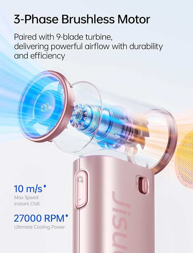 JISULIFE Handheld Fan Life9S - Sleek Chrome: Turbo Power, 22 Hours Cooling | LED Display, 5000mAh, 5-Speeds, Mini Portable Fan for Travel, Cruise, Concerts, Trendy Gifts for Women Men -Pink