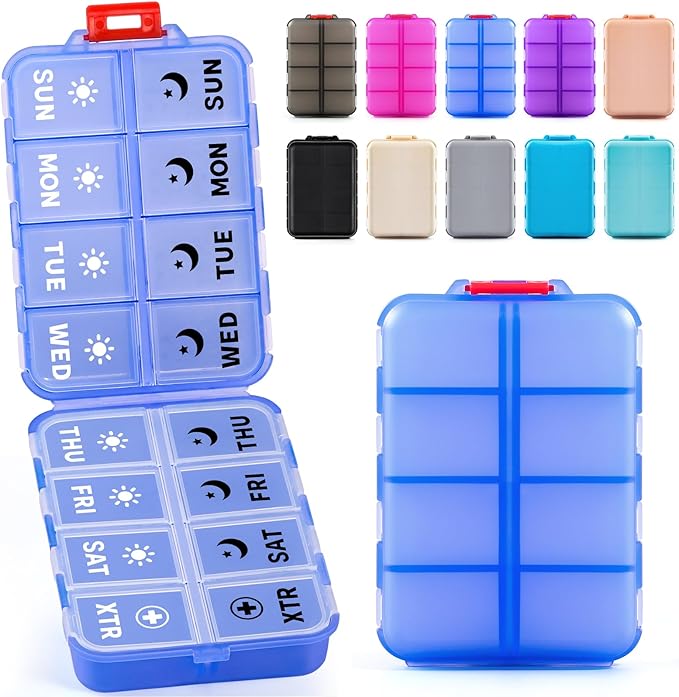 Foldable Weekly Pill Organizer 2 Times a Day with 2 Extra Compartments (Clear Printed Labels) - 7 Day AM PM Medicine Box, Week Daily Travel Pill Case Holder for Vitamin, Supplement - Clear Blue