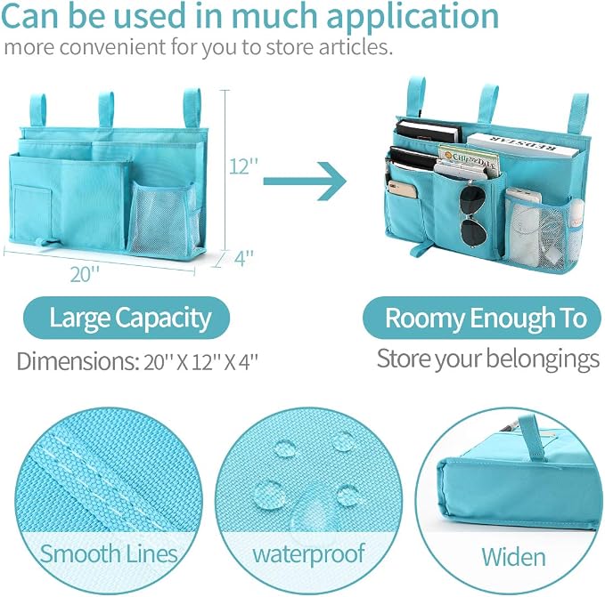 Bseash Bunk Bed Organizer, Bedside Caddy Hanging Bed Organizer Storage Bag 8 Pockets, for College Dorm Rooms Bed, Hospital Bed, Baby Bed Rails, 600D Oxford Cloth (Light Blue)