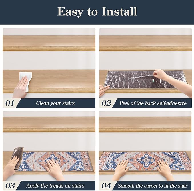 Lahome Non Slip Peel and Stick Stair Treads 15 Pack 8" X 30" Carpet Treads for Wood Stairs, Washable Self Adhesive Mat Edging Staircase for Tenant Defend The Steps from Scratches Dorie,Blue-Tan