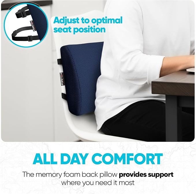FORTEM Lumbar Support Pillow for Office Chair, Lumbar Support Pillow for Car, Back Rest for Gaming, Memory Foam Pillow, Desk Chair Cushion, Breathable & Washable Cover, Adjustable Straps