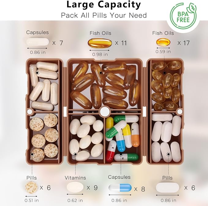 FYY Daily Pill Organizer,2 Pcs 7 Compartments Portable Pill Case Travel Pill Organizer,[Folding Design] Pill Box for Purse Pocket to Hold Vitamins,Cod Liver Oil,Supplements and Medication-Brown